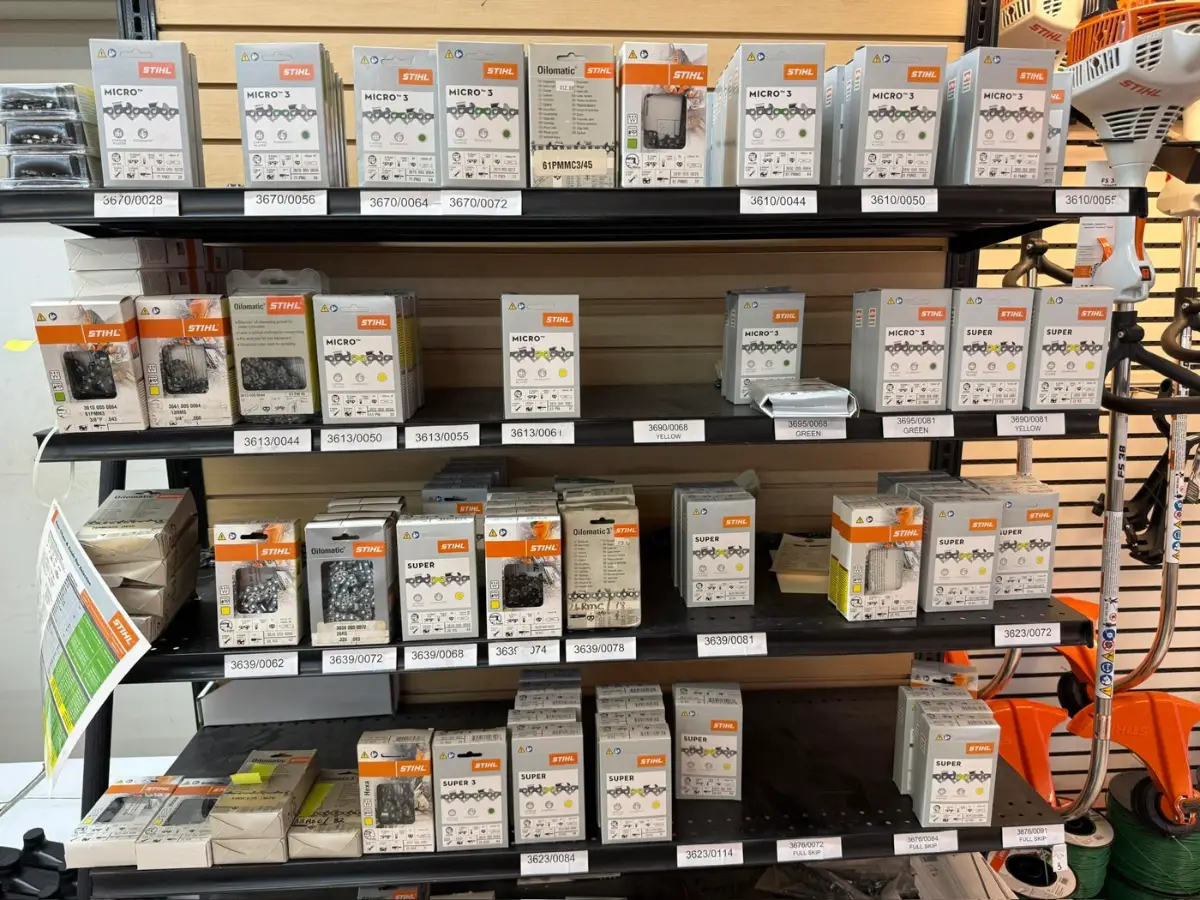Stihl chains and accessories on the store wall