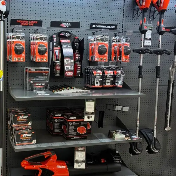 Echo batteries, blades, and accessories display