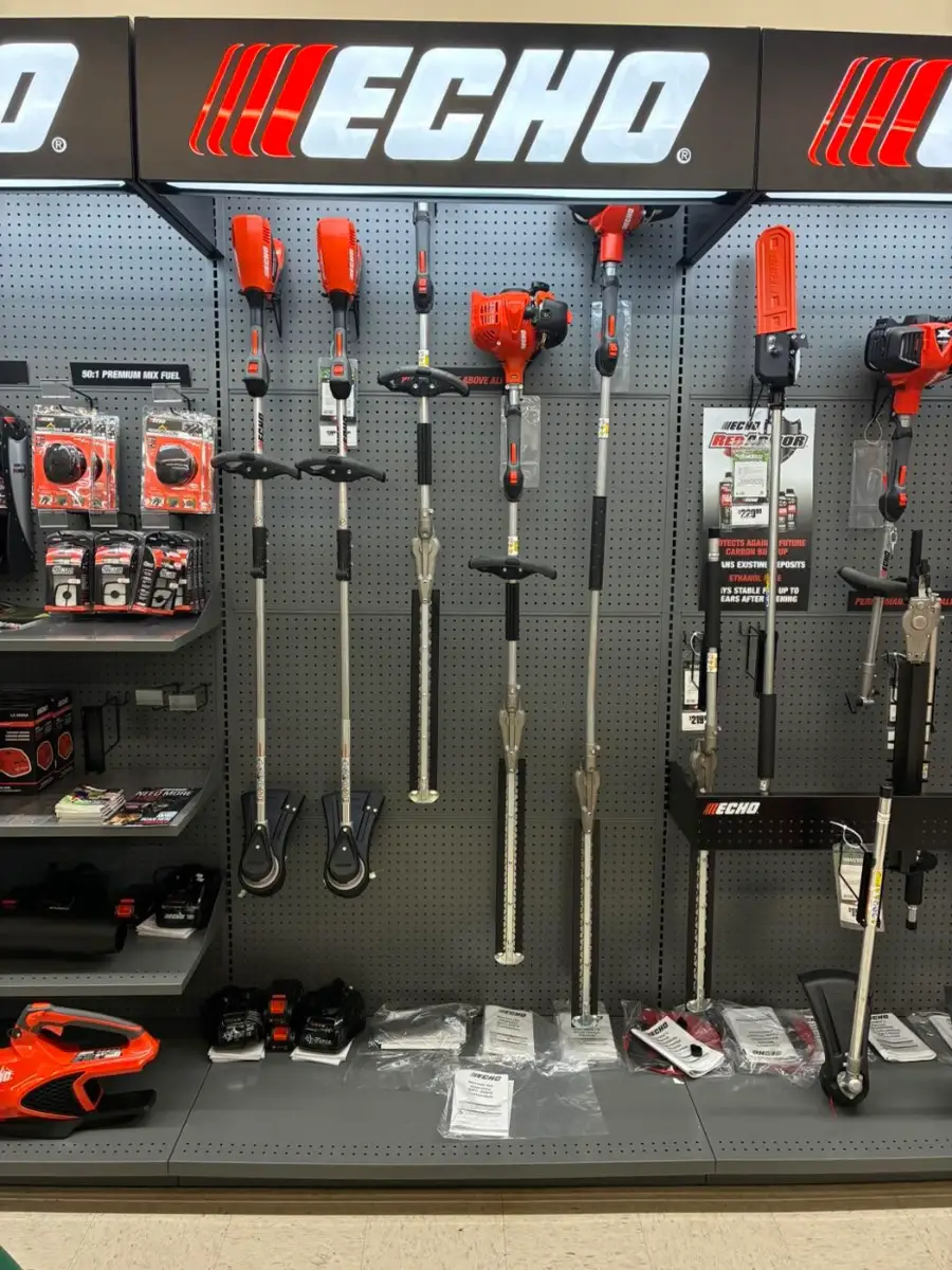 Echo trimmers and handheld power equipment on the sales floor